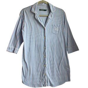 Lauren Ralph Lauren W Small Striped Button Sleep Shirt Pj's Cotton Logo